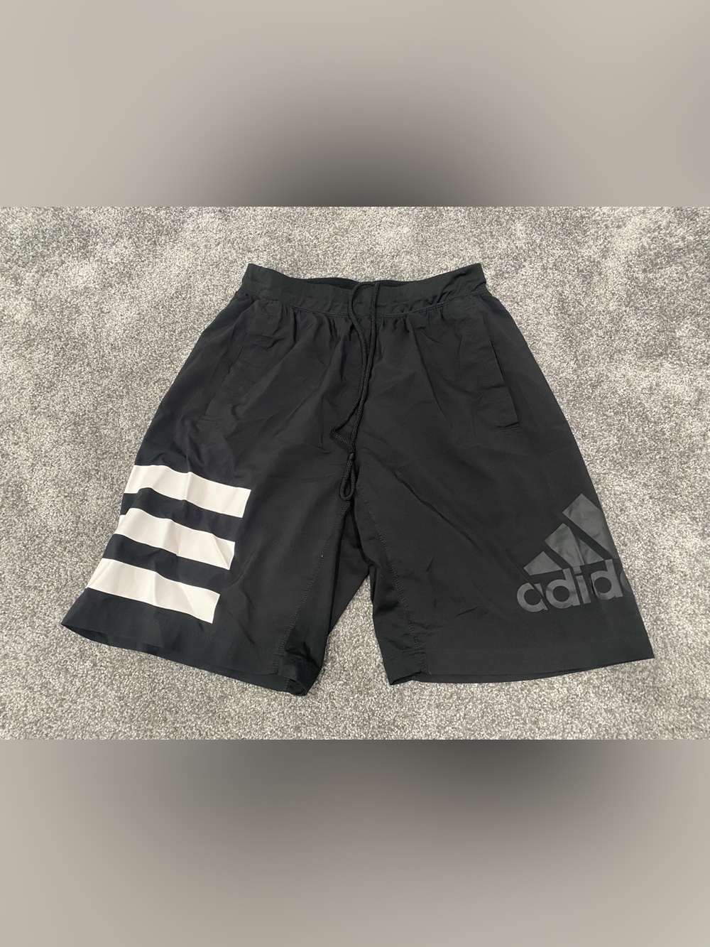 adidas Mens Climalite Black Shorts Three Stripes Medium Front Pockets Big Logo